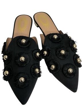 Aquazzura Sunflower Mules Black Canvas Gold Stud Embellished Slide Flats Size 39